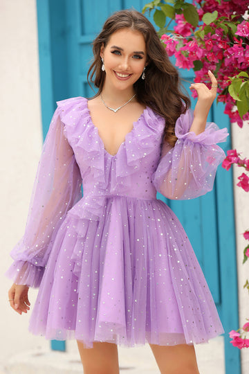 Sparkly Purple Long Sleeves Homecoming Dress with Stars